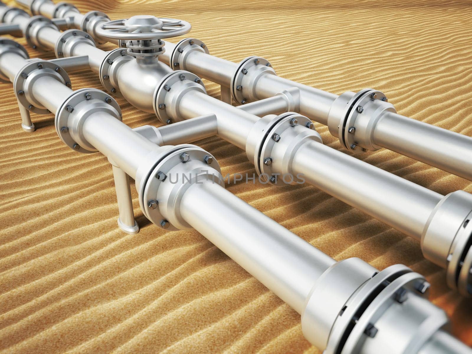 Oil pipeline on desert sand. 3D illustration.
