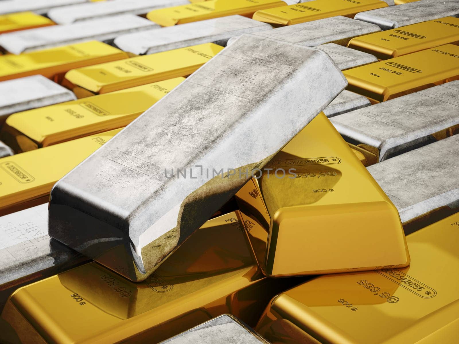 Gold and silver ingots isolated on white background. 3D illustration.