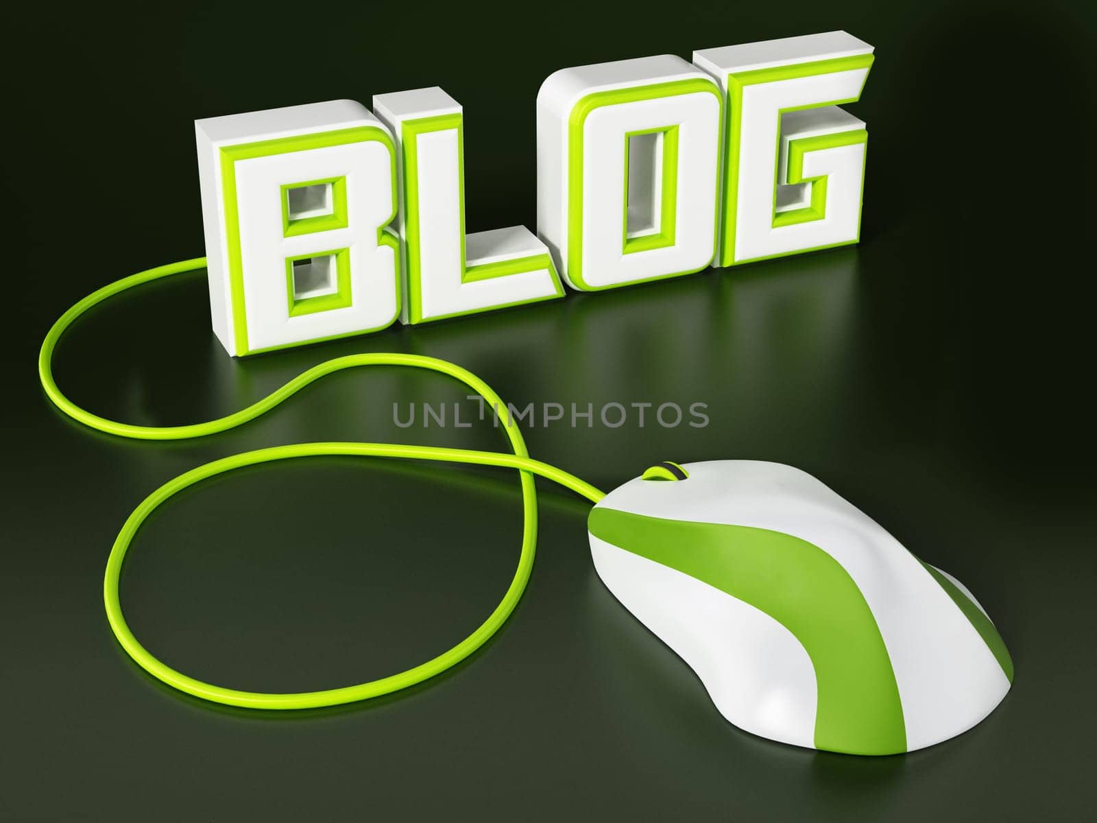 Cable mouse connected to blog text. 3D illustration.