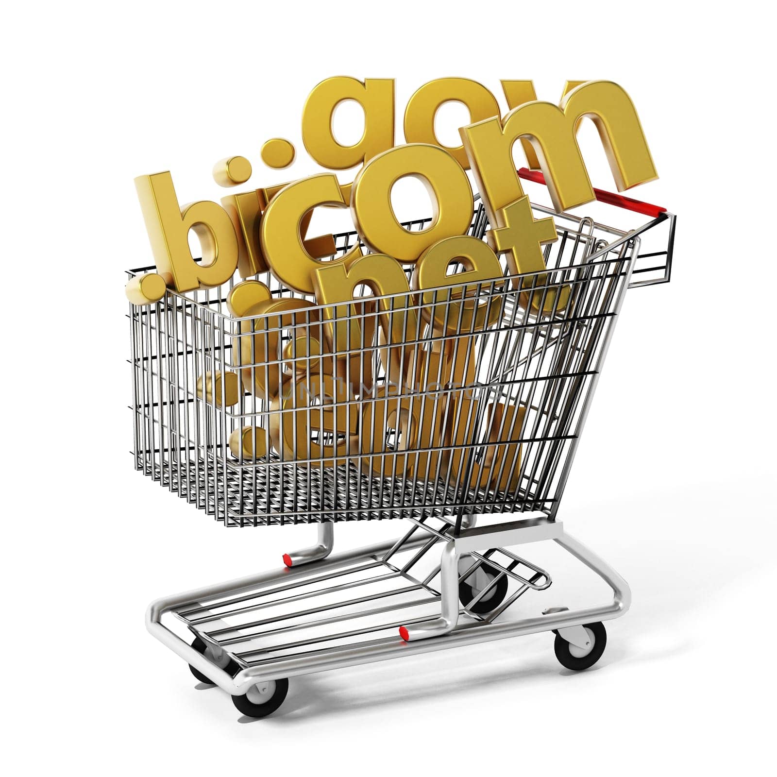 Domain names inside shopping cart. 3D illustration.