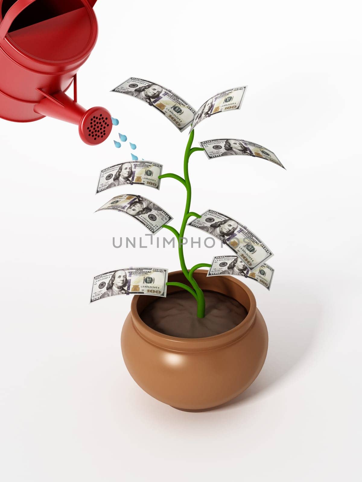 Watering of money plant with 100 dollar bills. 3D illustration.