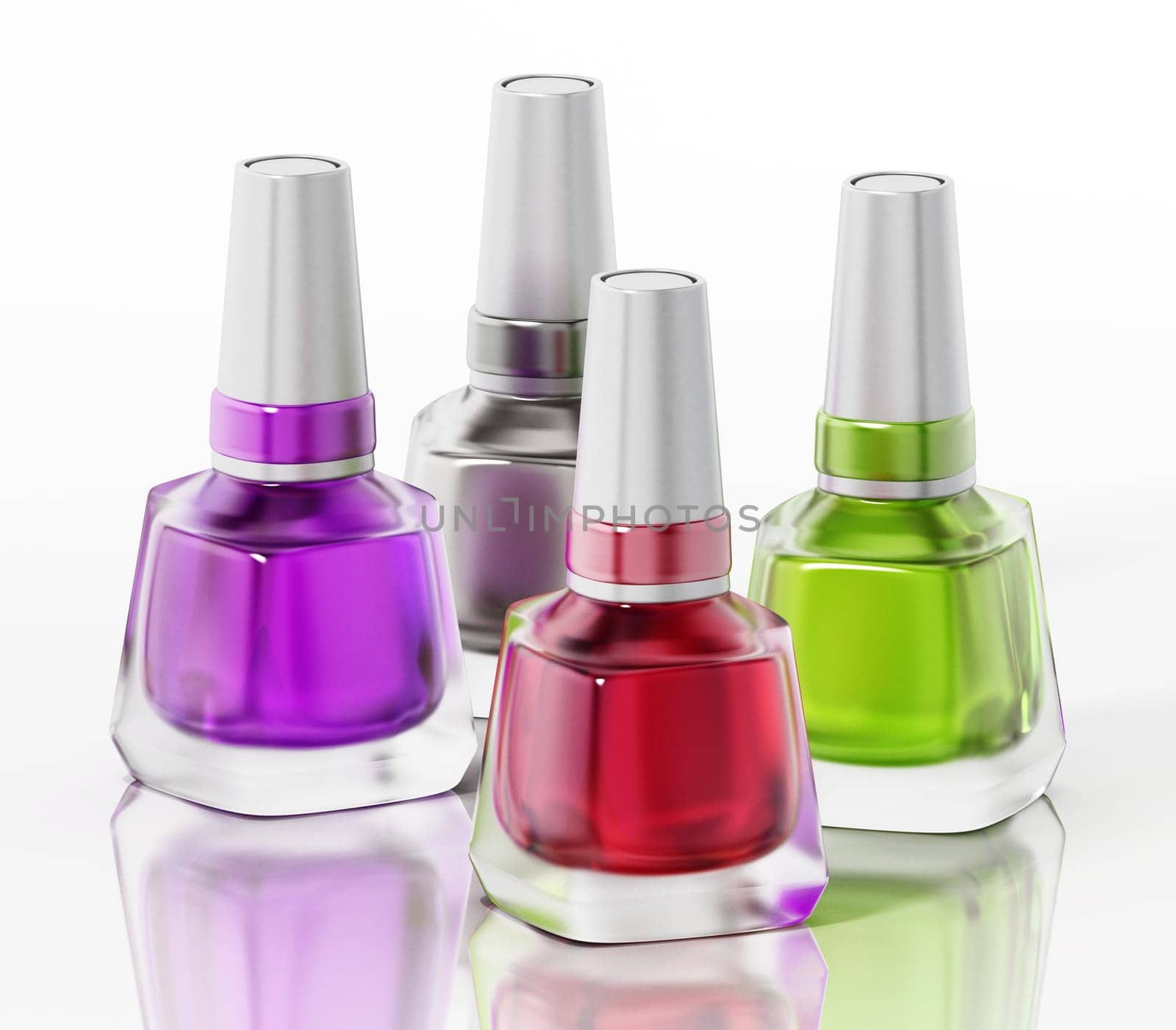 Four bottles of nail polish isolated on white background. 3D illustration.