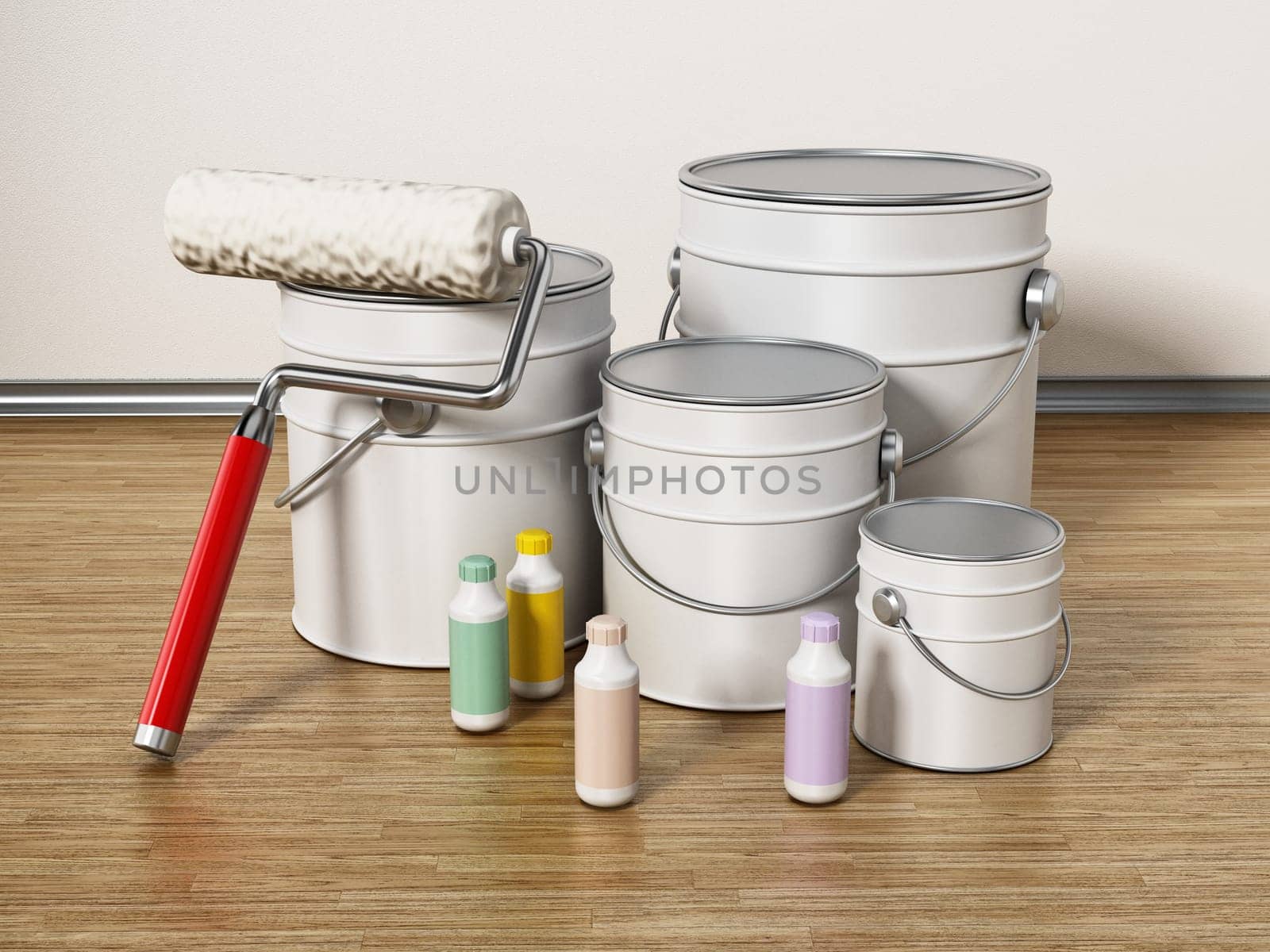 Paint cans, roller and color tubes standing on hardwood floor. 3D illustration.