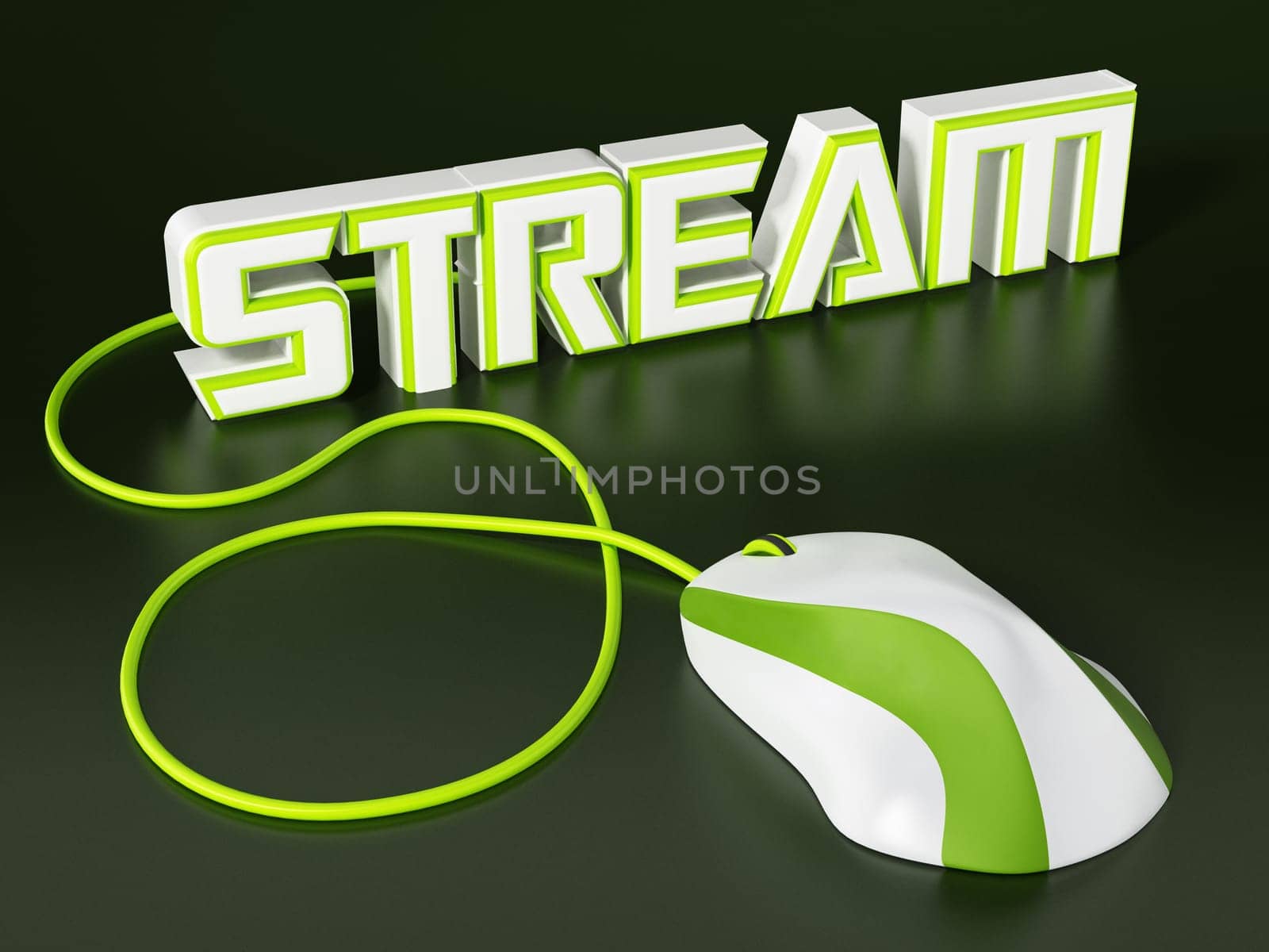 Cable mouse connected to stream text. 3D illustration.