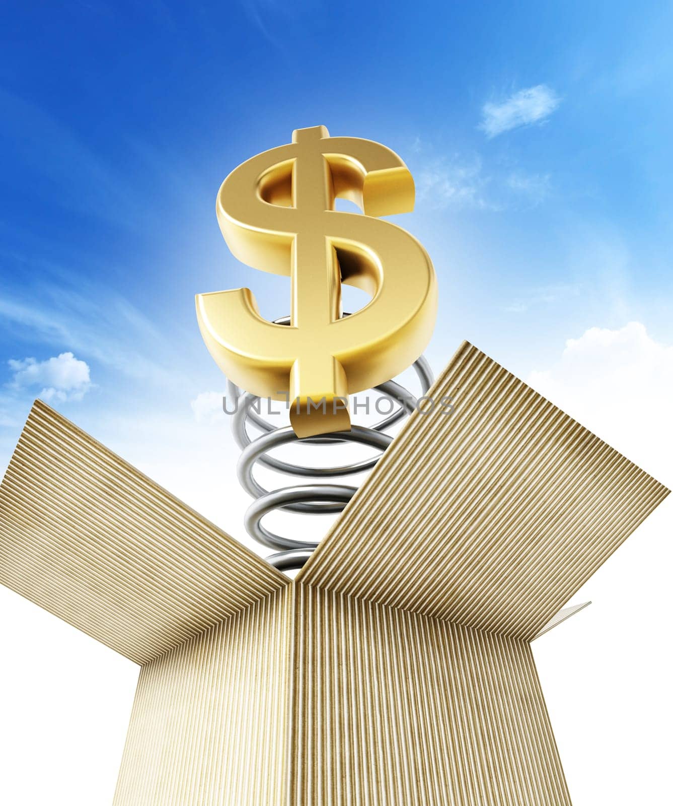Gold dollar symbol popping out of the cardboard box. 3D illustration.