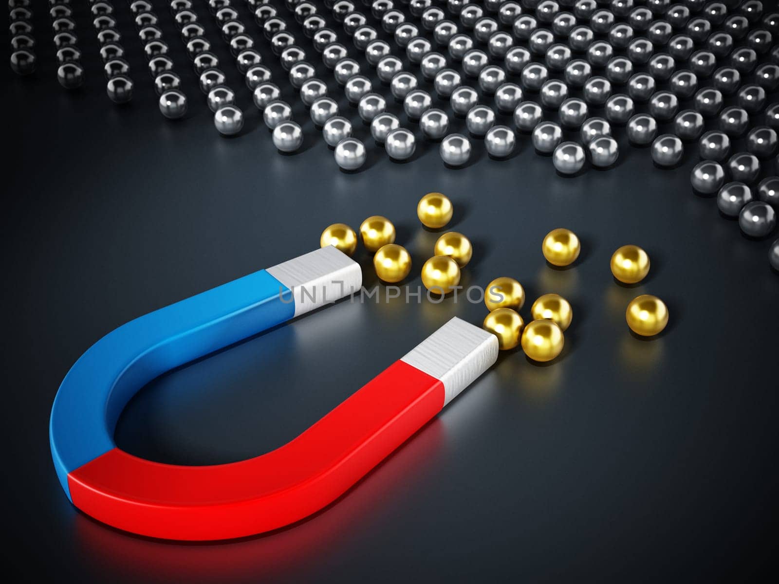 Horseshoe magnet pulling chrome spheres. 3D illustration.