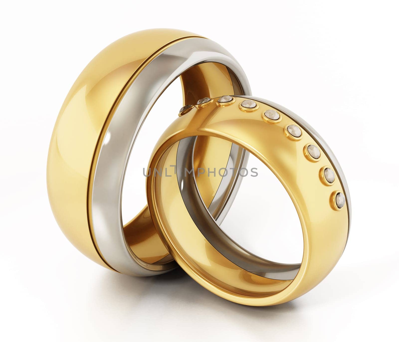 Wedding rings for bride and groom isolated on white background. 3D illustration.