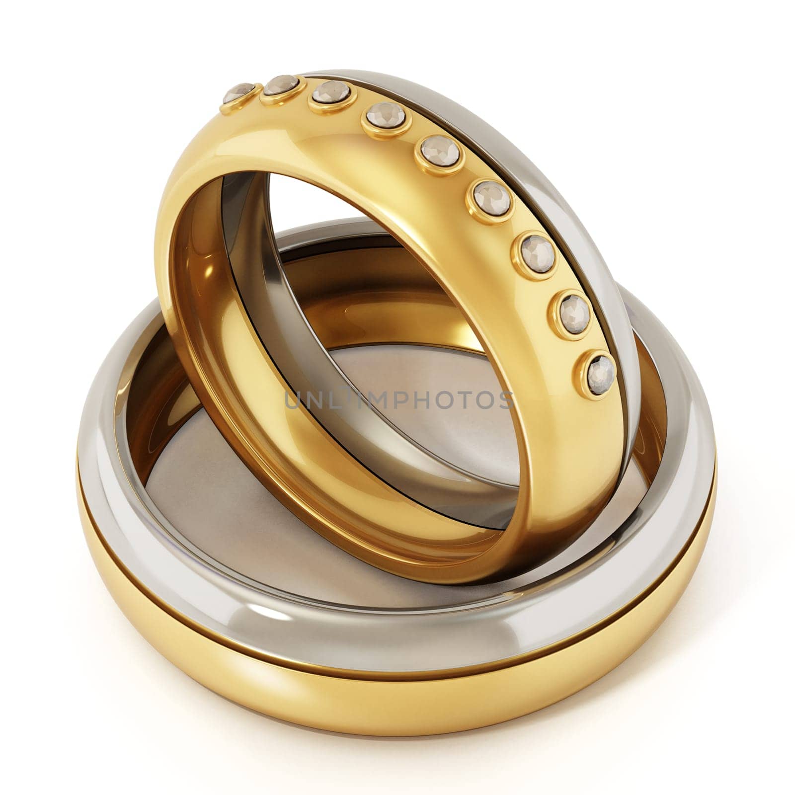 Wedding rings for bride and groom isolated on white background. 3D illustration.
