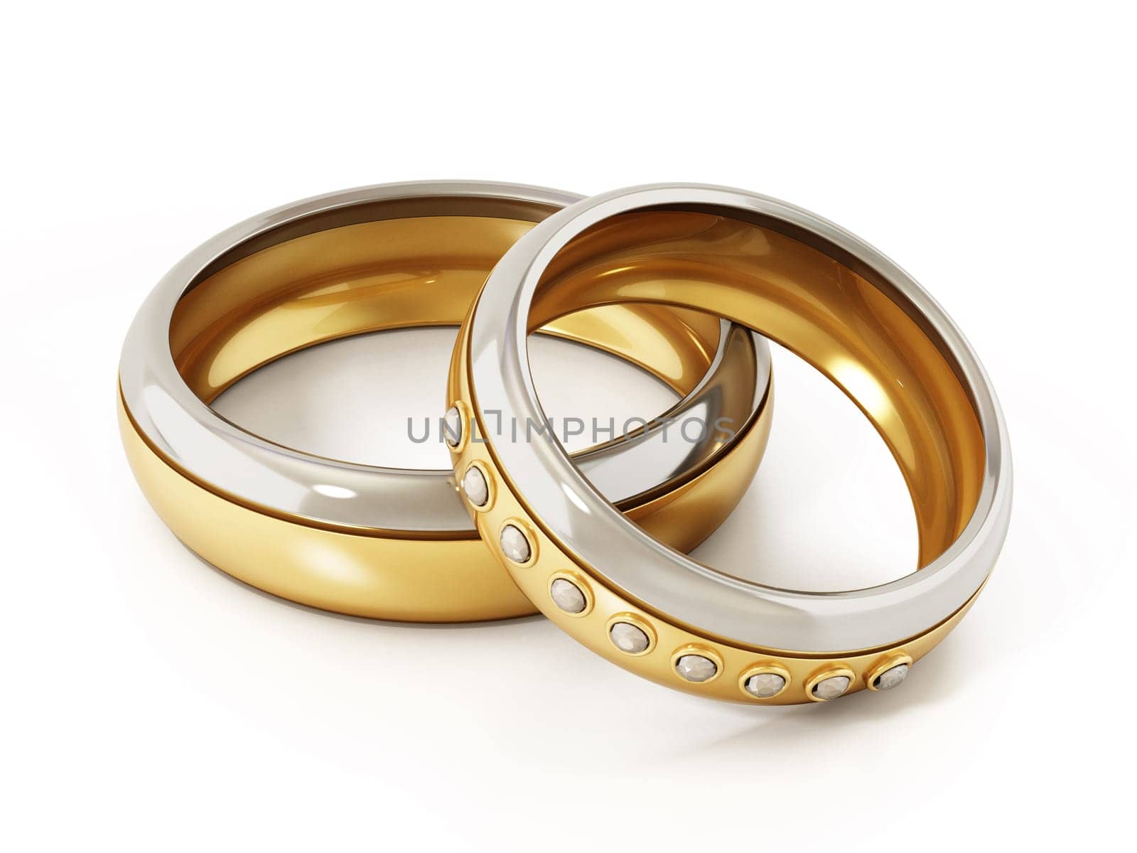 Wedding rings for bride and groom isolated on white background. 3D illustration.