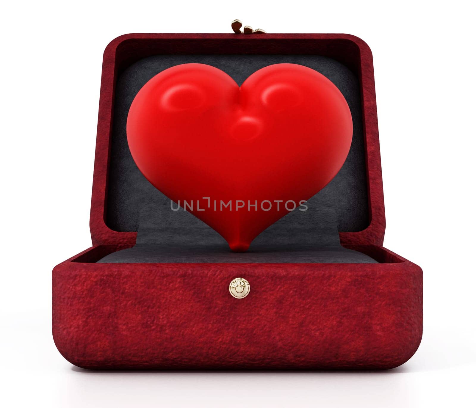 Red heart inside red velvet ringbox. 3D illustration.