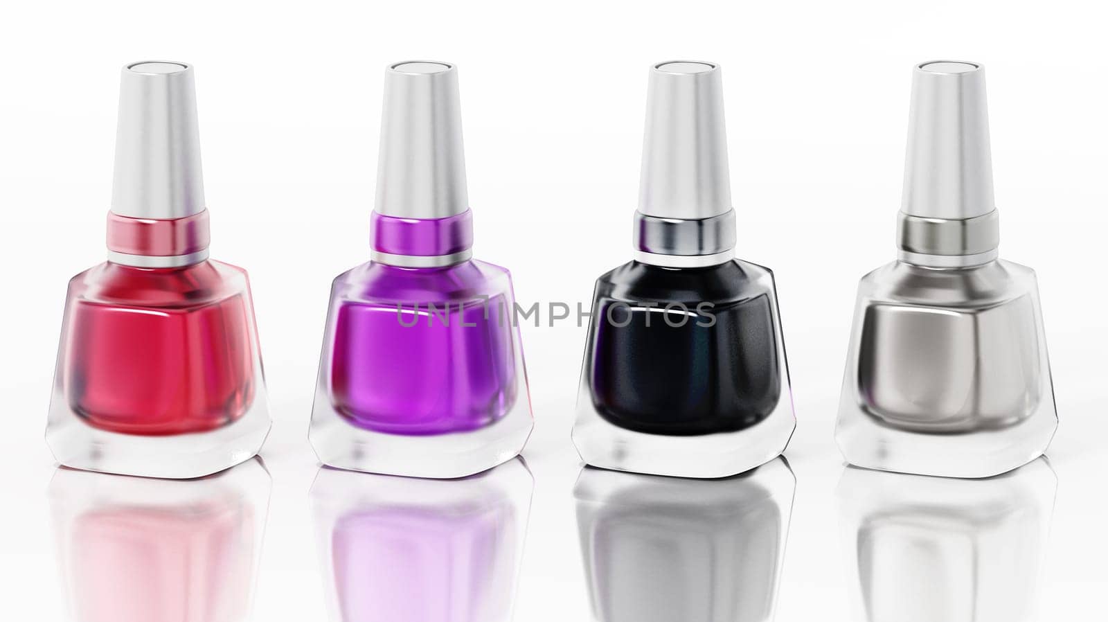 Four bottles of nail polish isolated on white background. 3D illustration.