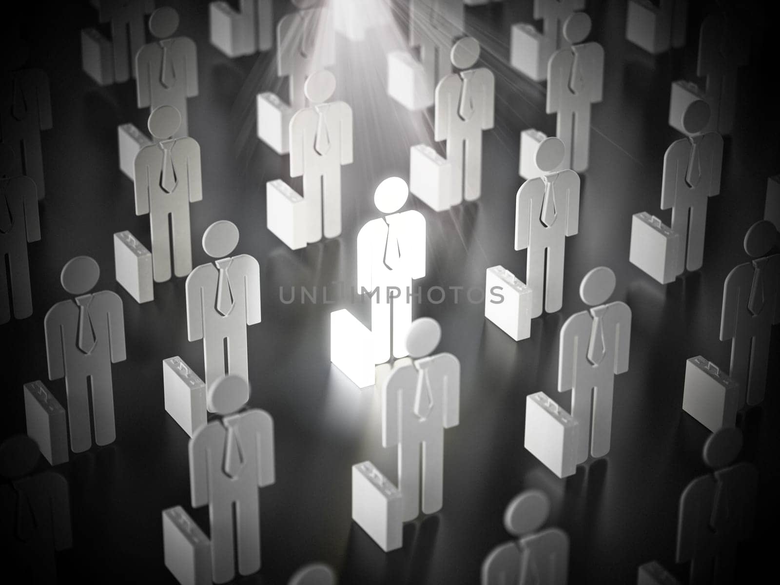 Highlighted businessman standing out among other business people. 3D illustration.