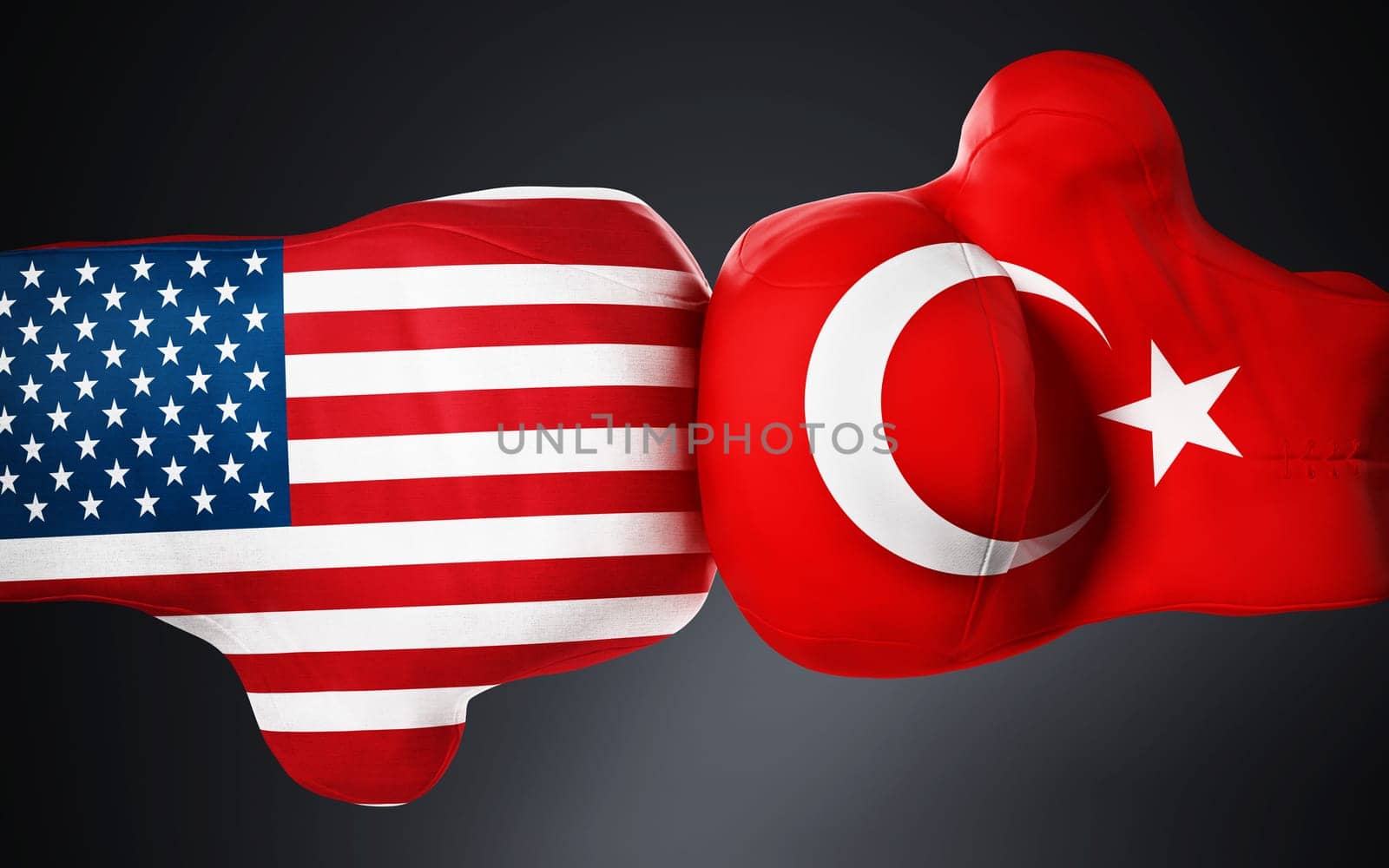 American and Turkish flag textured boxing gloves on black. 3D illustration.