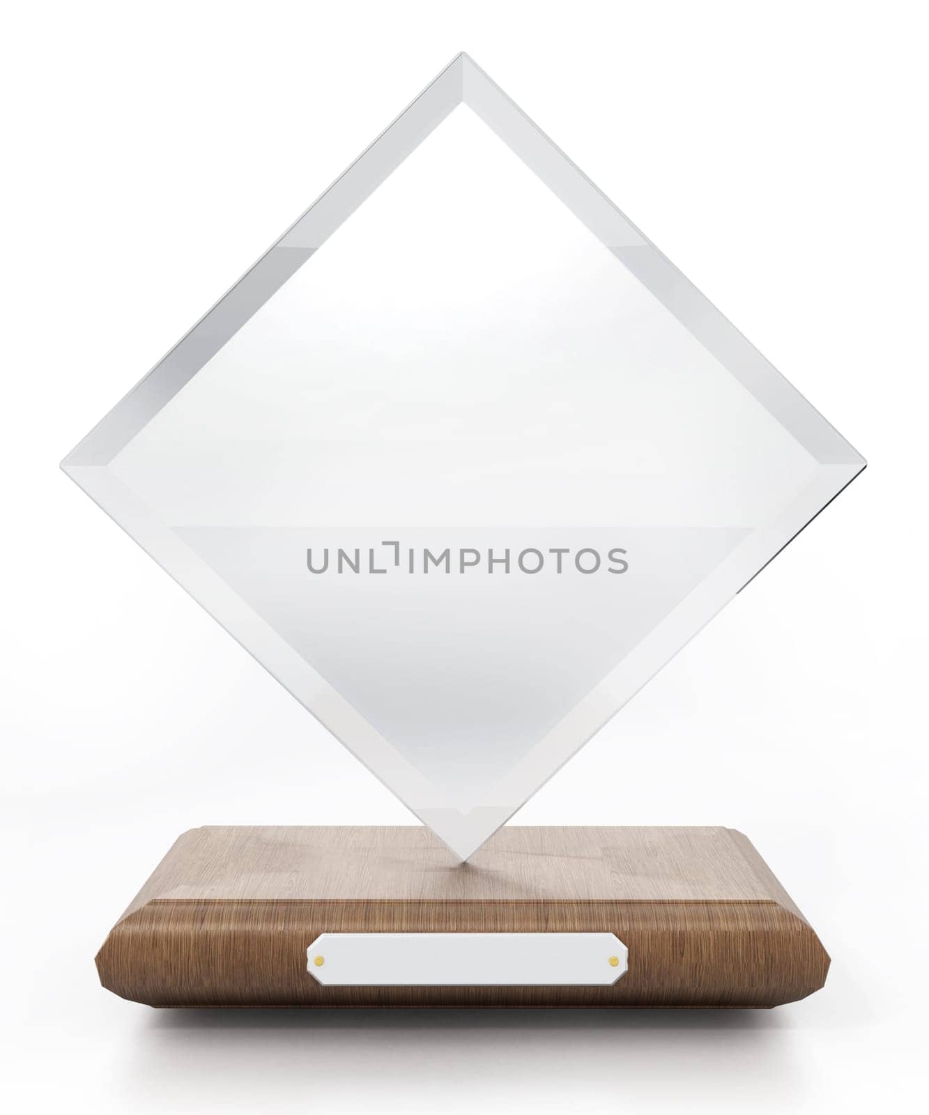 Acrylic prize with blank nameplate isolated on white background. 3D illustration.