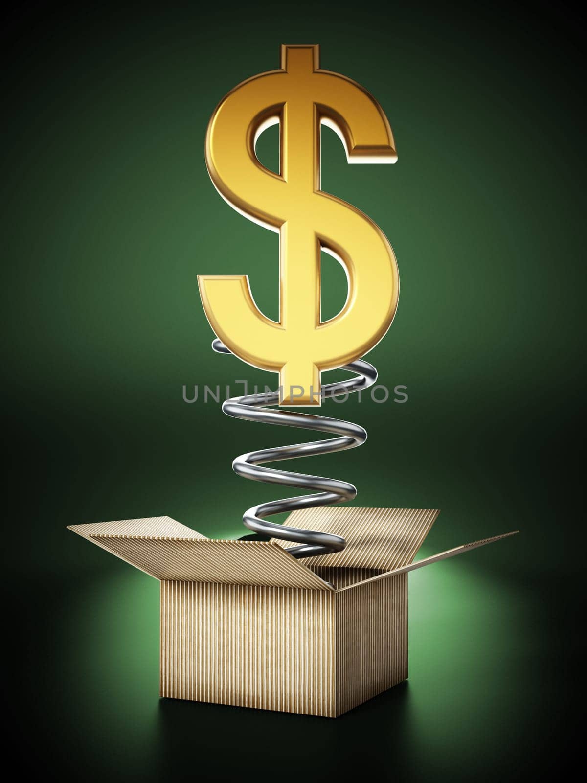 Gold dollar symbol popping out of the cardboard box. 3D illustration.