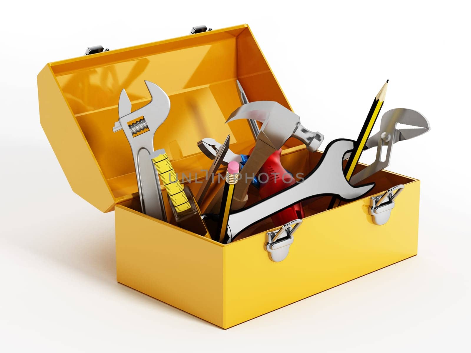 Yellow toolbox with hand tools. 3D illustration.