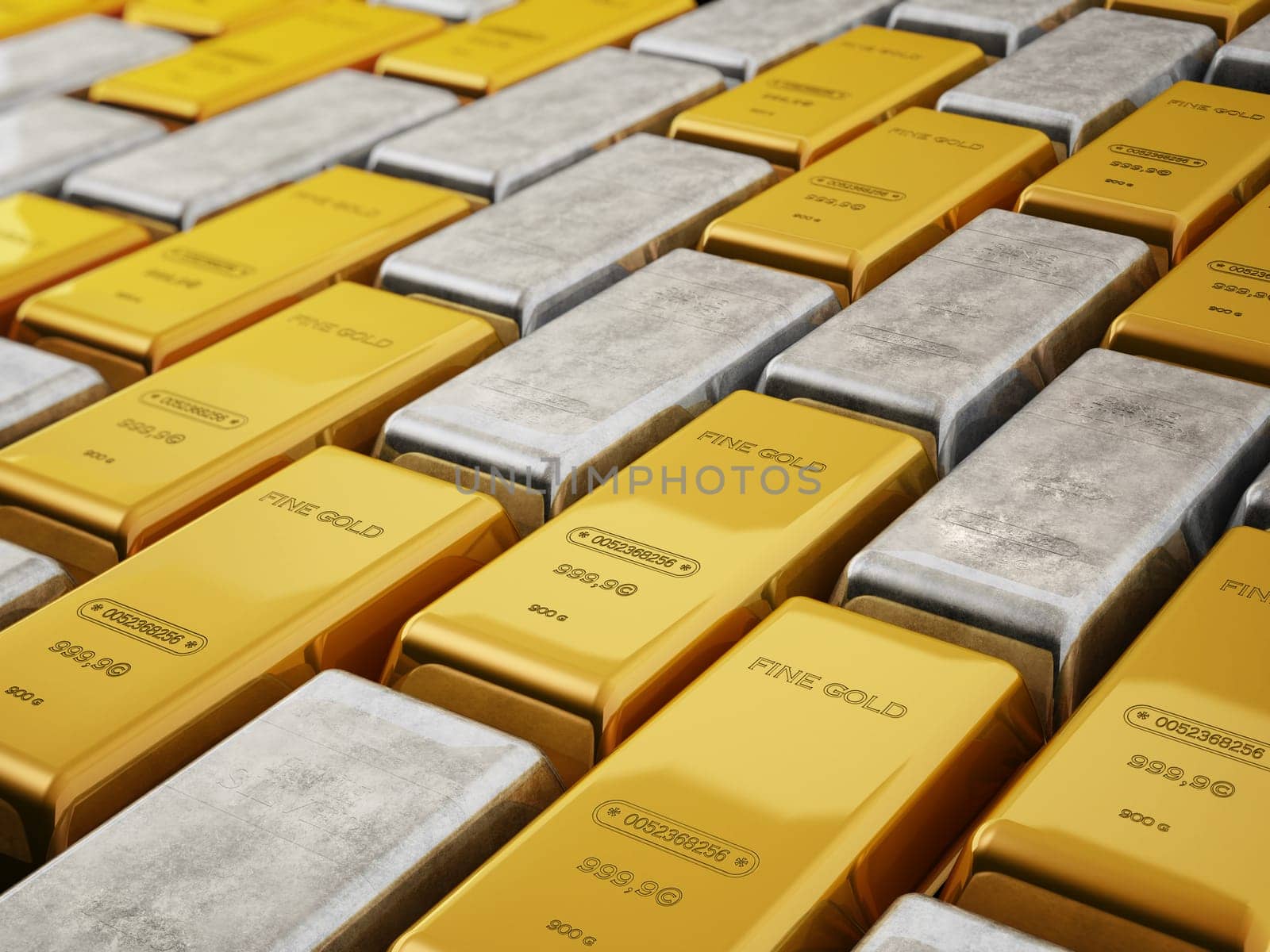 Gold and silver ingots isolated on white background. 3D illustration.