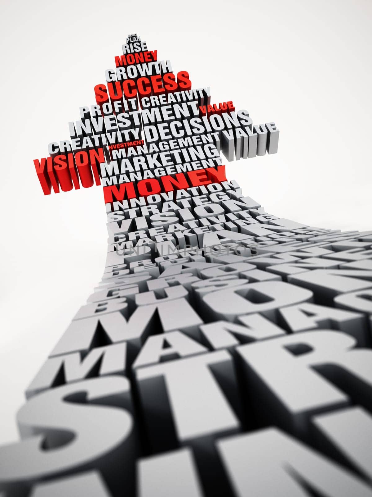 Rising arrow consisting of arranged words. Business and success concept. 3D illustration.