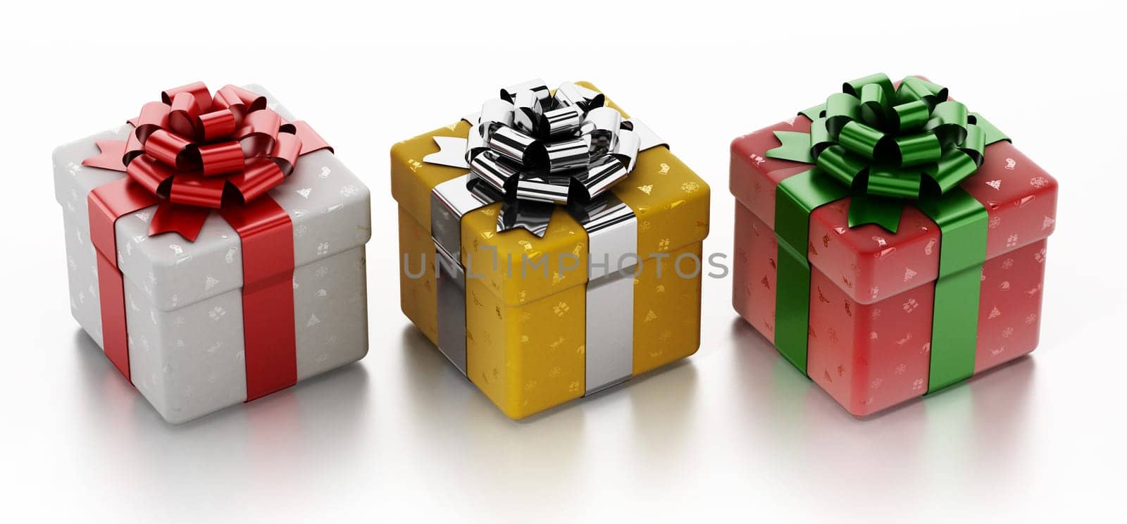 Christmas giftboxes with ornaments isolated on white background. 3D illustration.