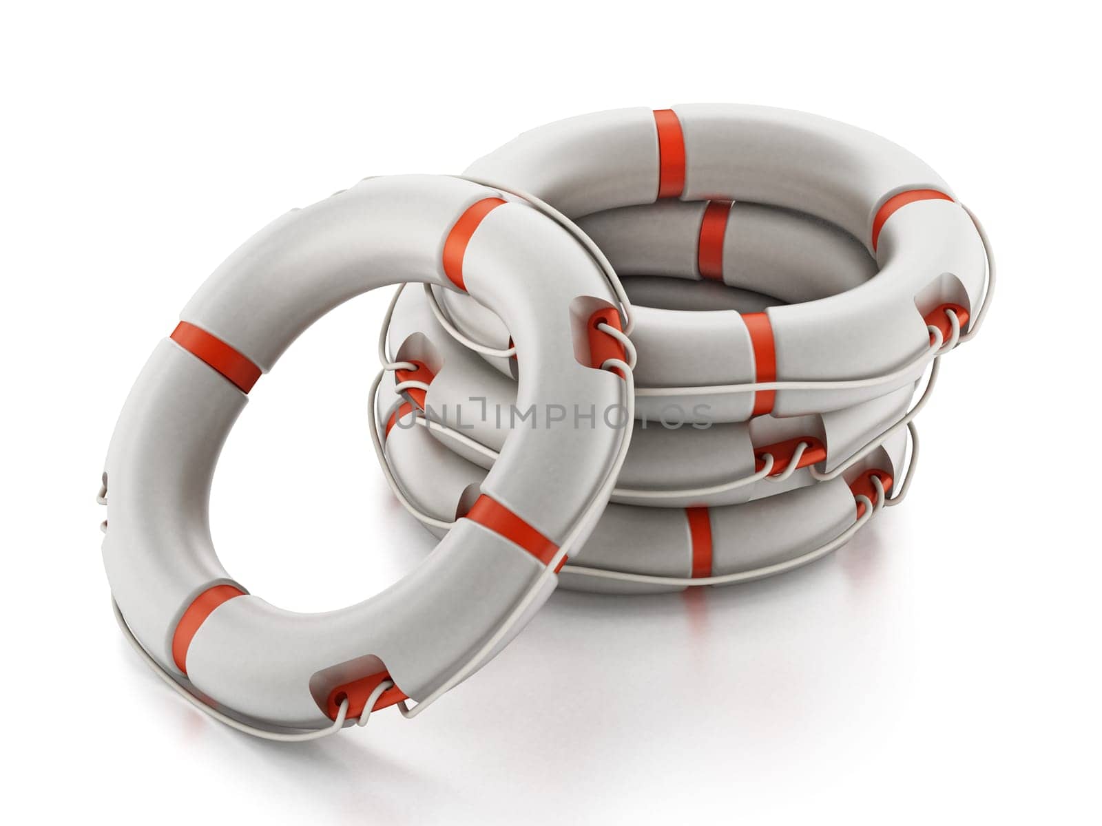 Stack of life buoys isolated on white background. 3D illustration.