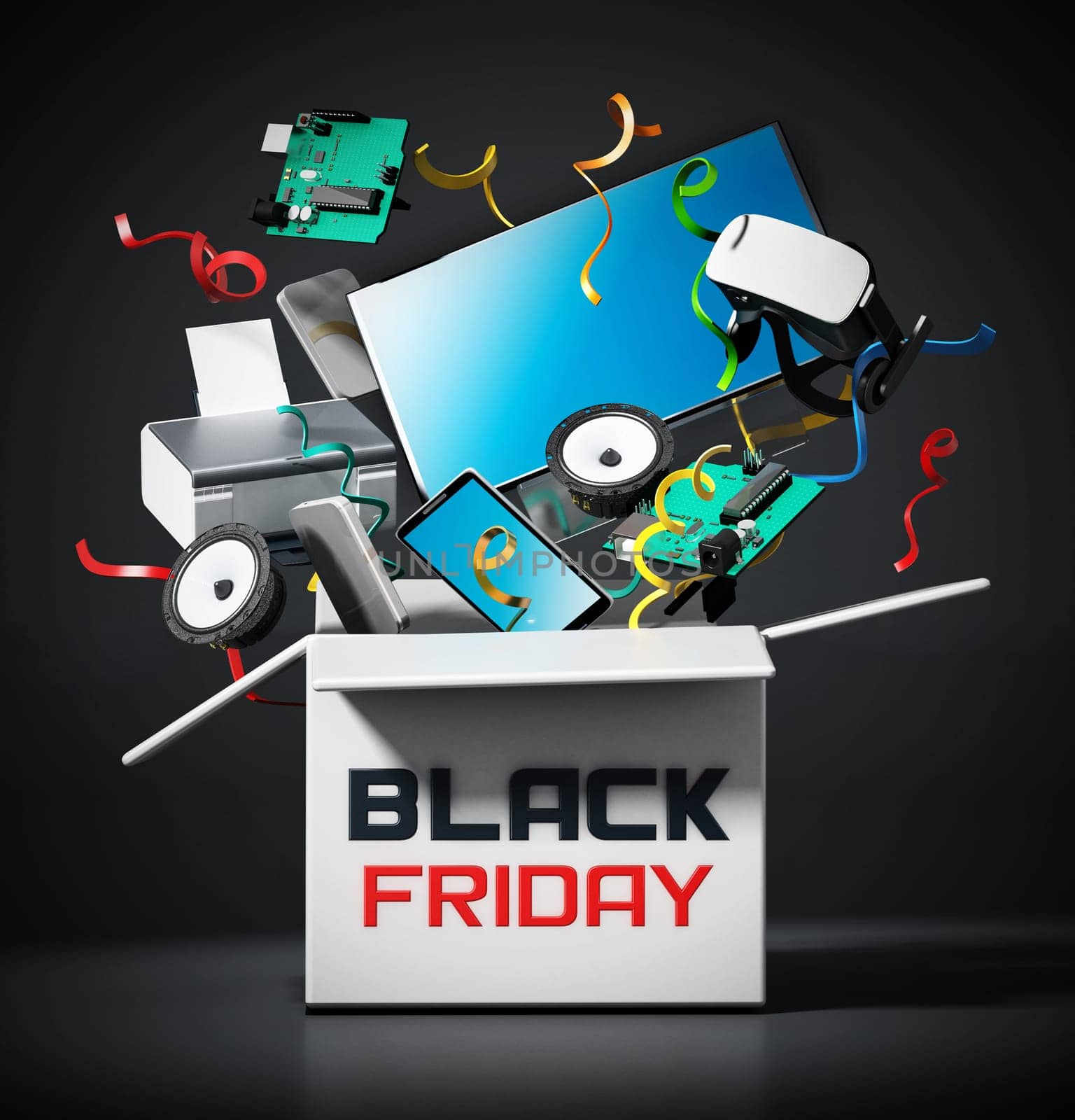 Black friday box with electronic equipment. 3D illustration.