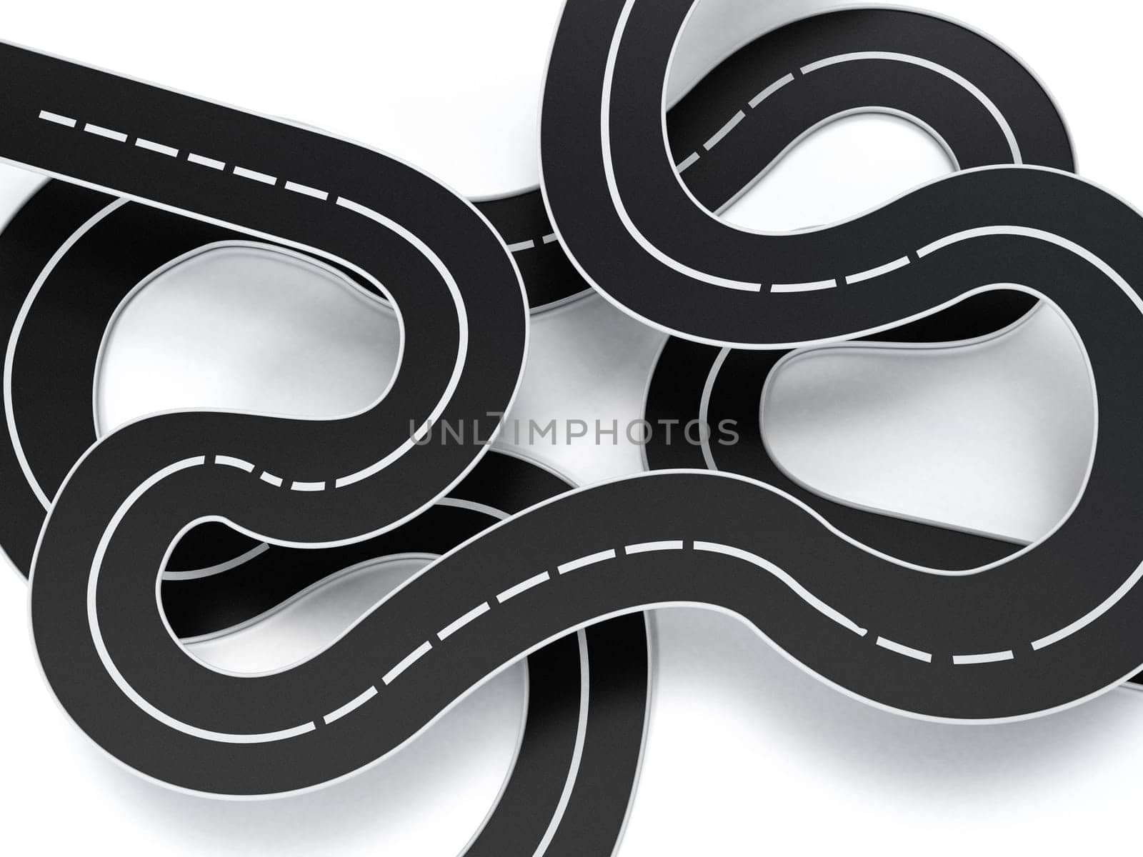 Tangled road isolated on white background. 3D illustration.