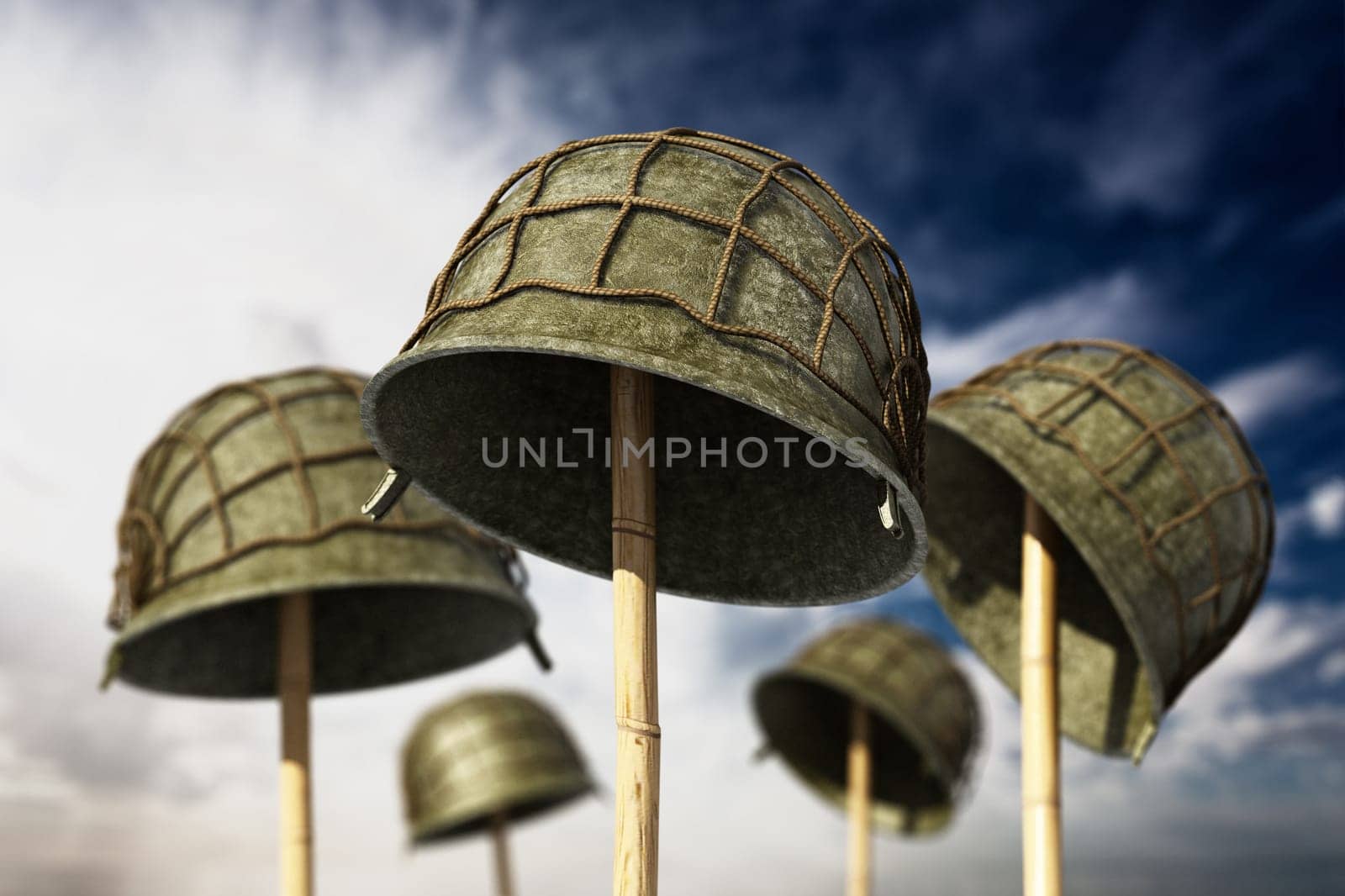 World War II helmets against blue sky. 3D illustration.