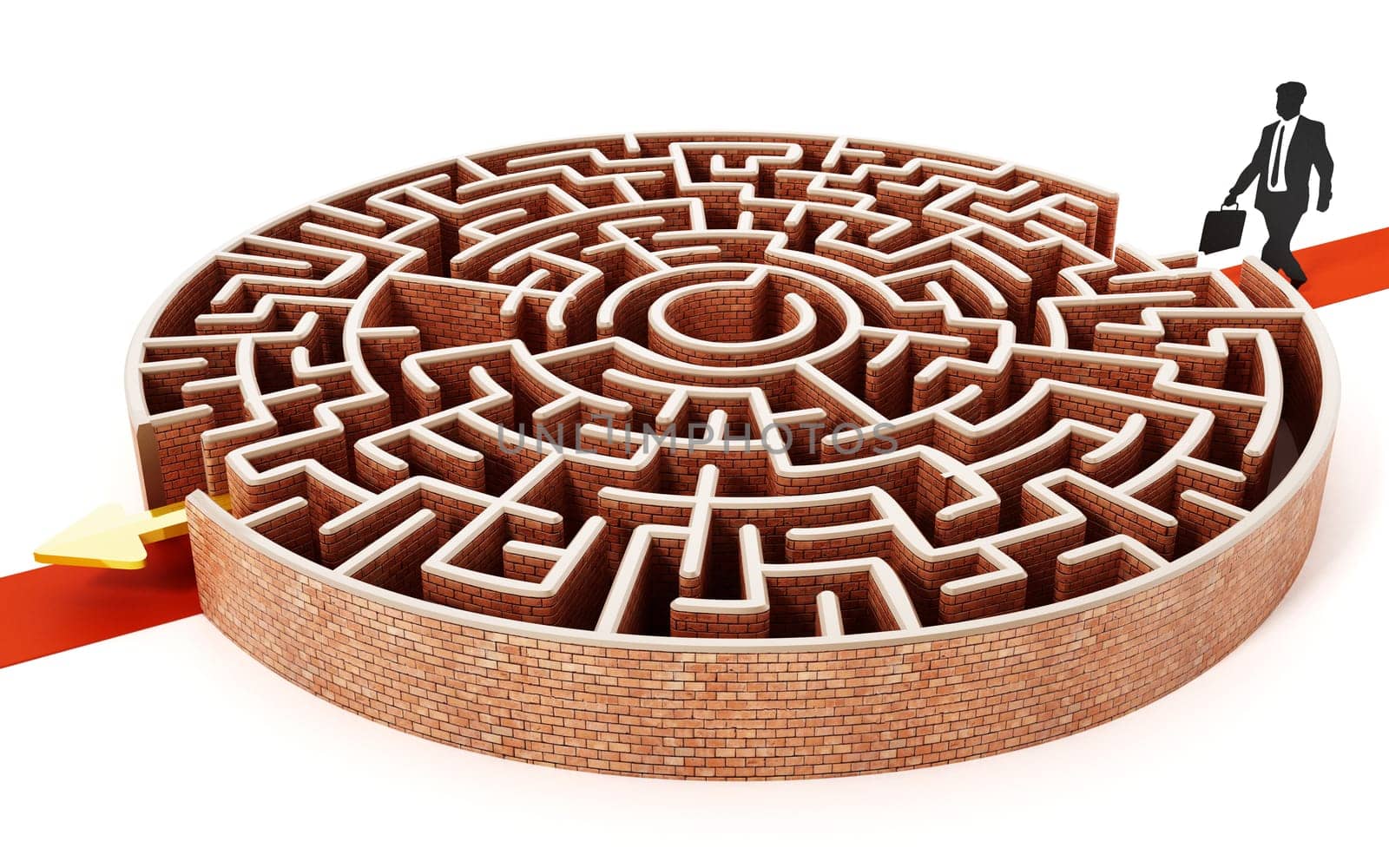Silhouette of a businessman standing at the door of round maze. 3D illustration.