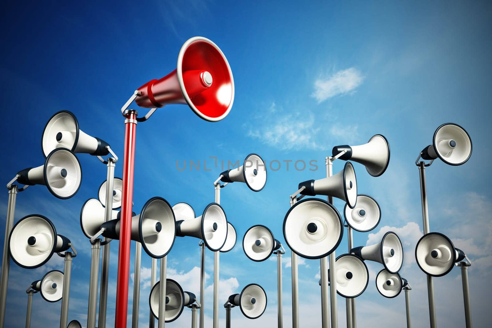 Red megaphone covering higher ground stands out among others. 3D illustration.