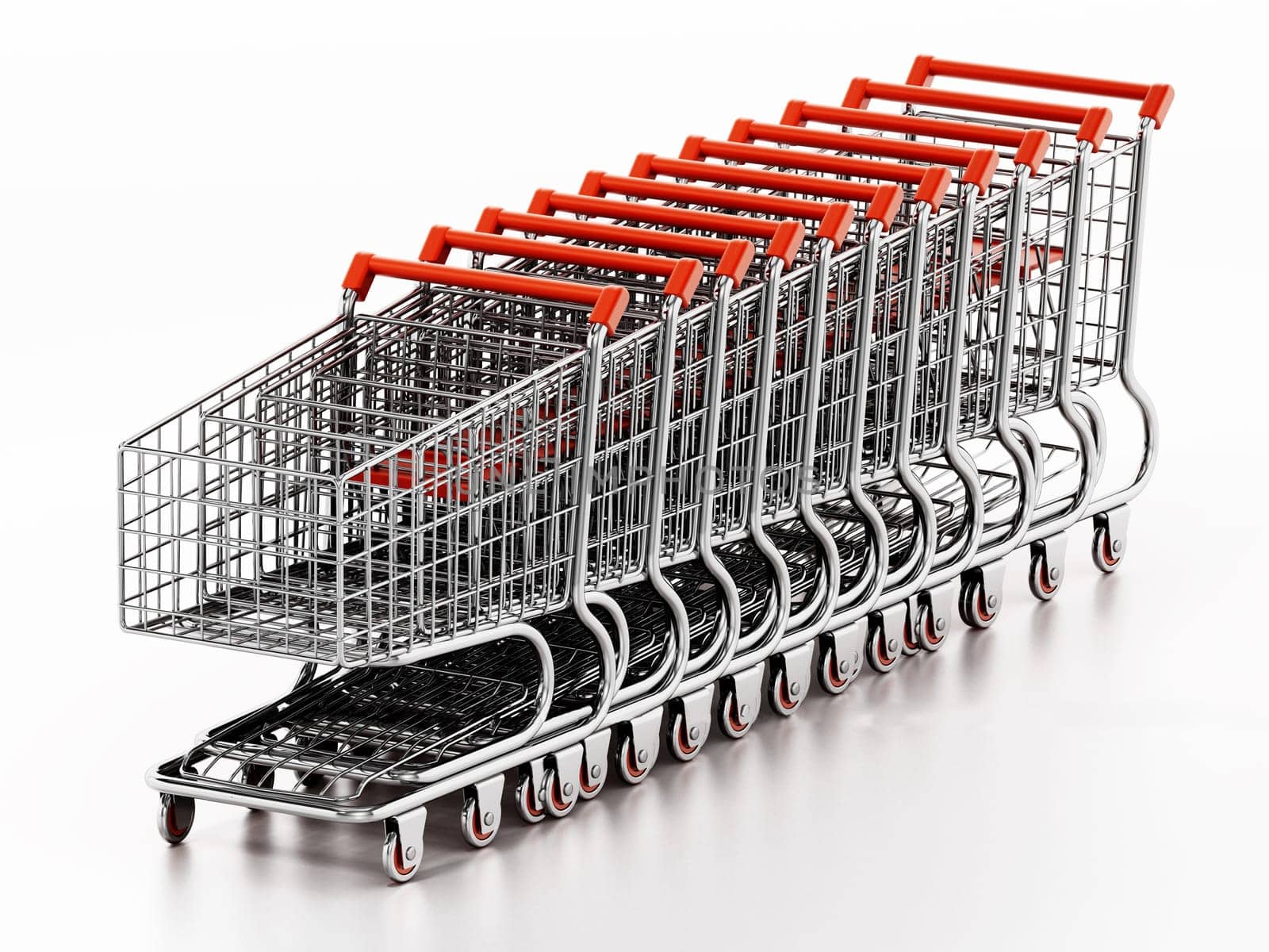 Stack of shopping carts isolated on white background. 3D illustration.
