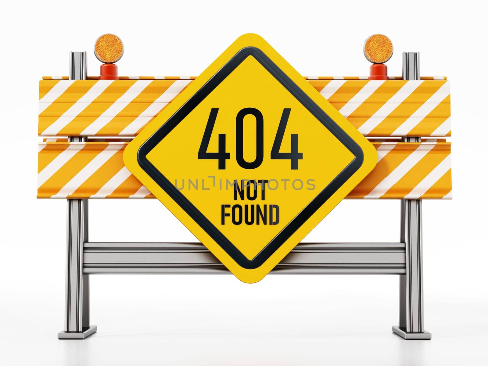 Roadblock with 404 not found signboard. 3D illustration.