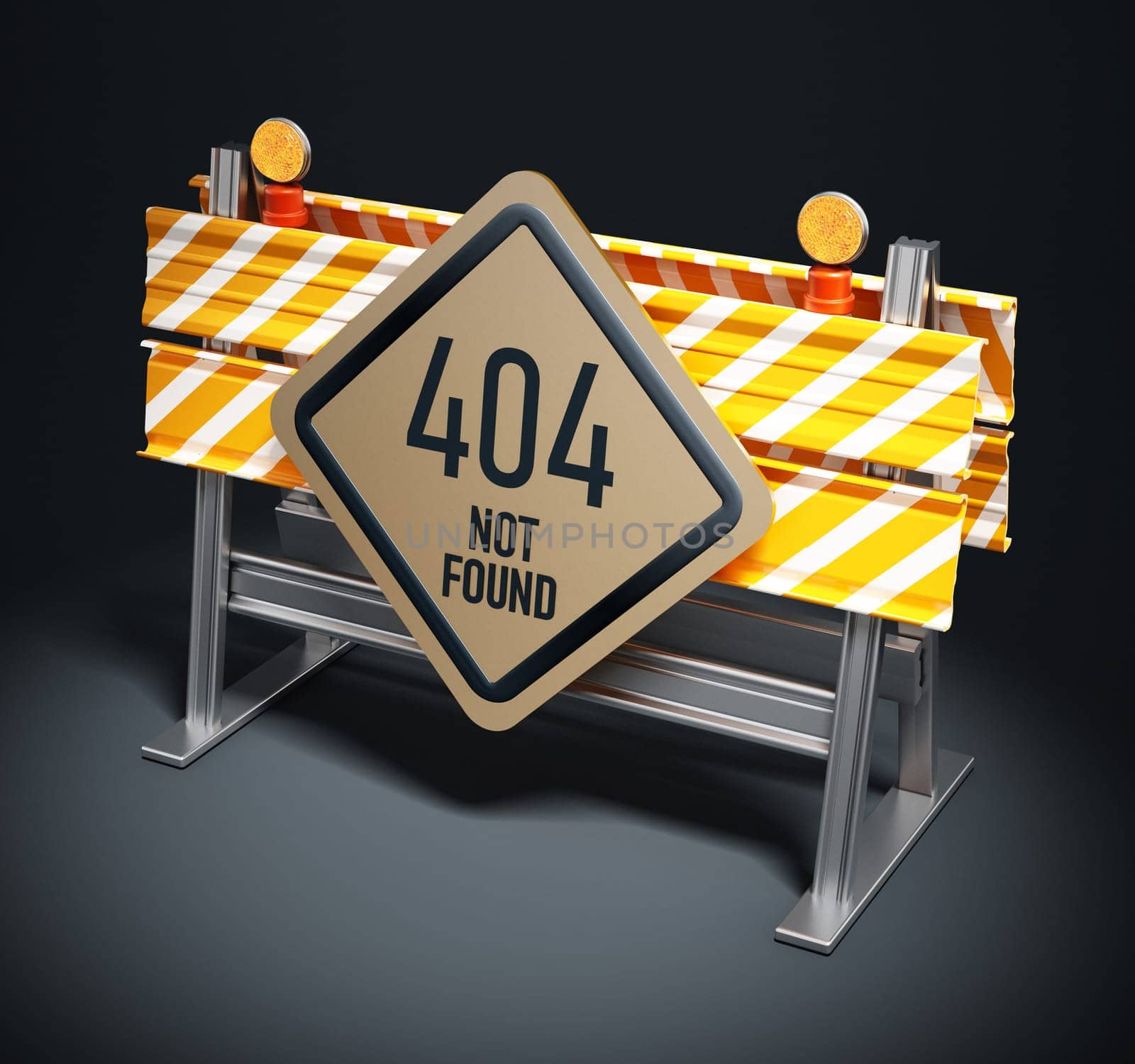 Roadblock with 404 not found signboard. 3D illustration.