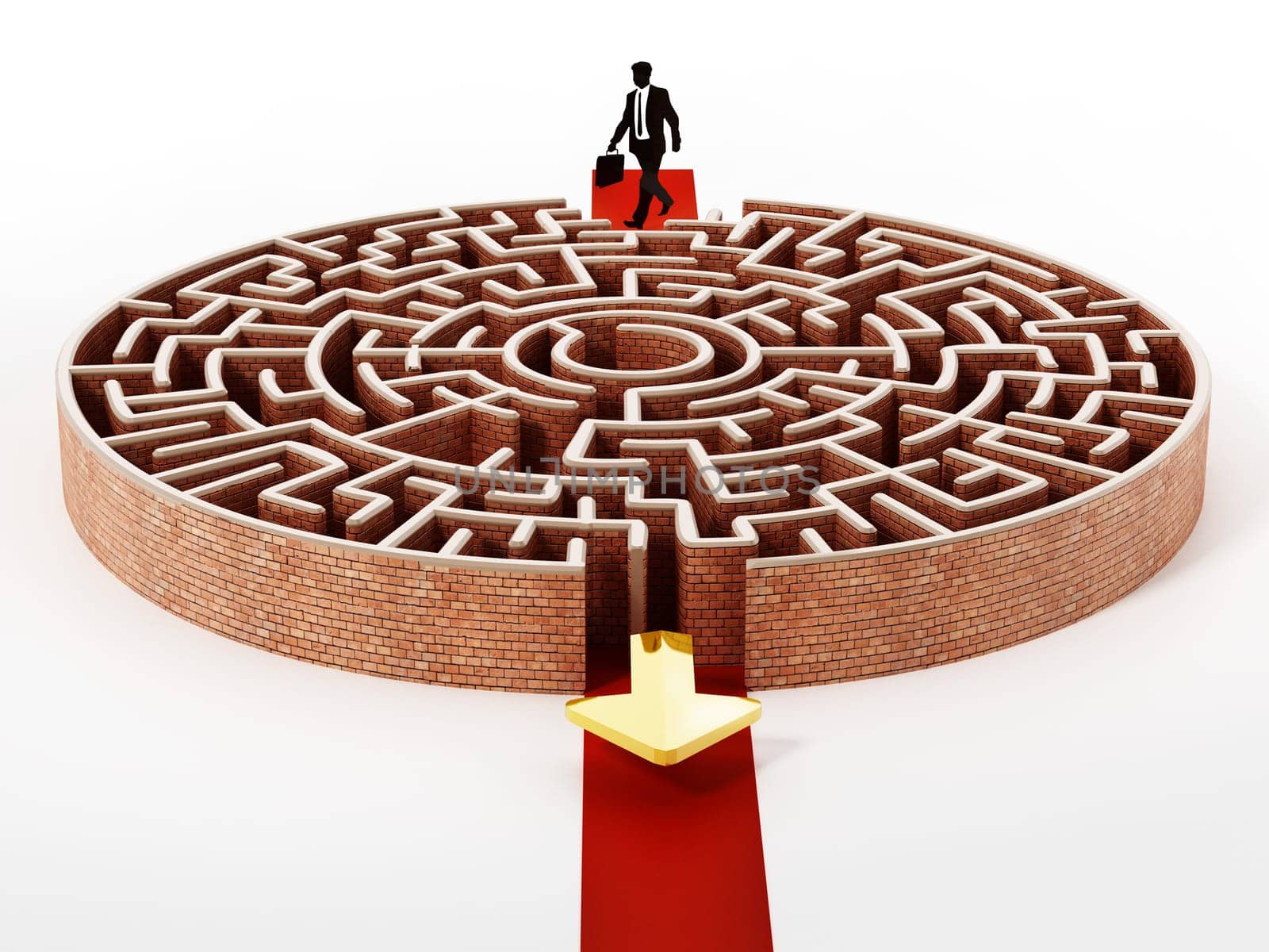 Silhouette of a businessman standing at the door of round maze. 3D illustration.
