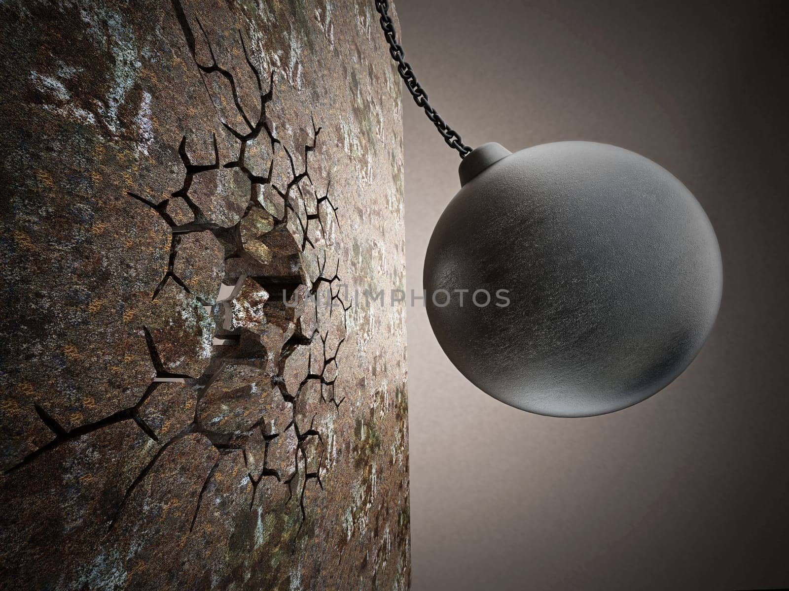 Wrecking ball demolishes old wall. 3D illustration.