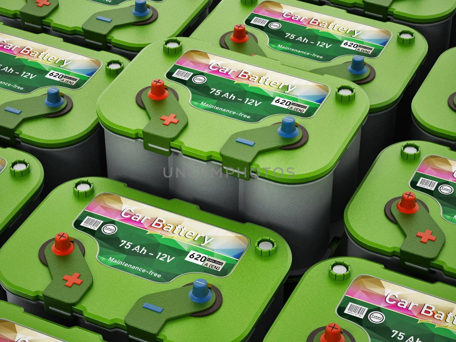Stack of modern car batteries. 3D illustration.