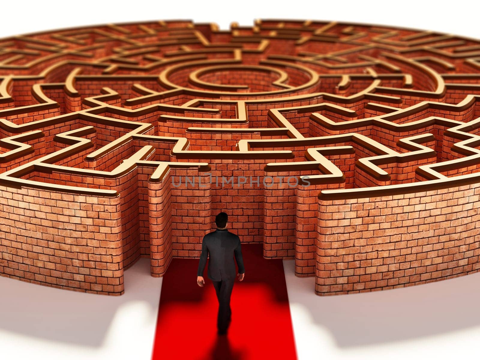 Silhouette of a businessman standing at the door of round maze. 3D illustration.