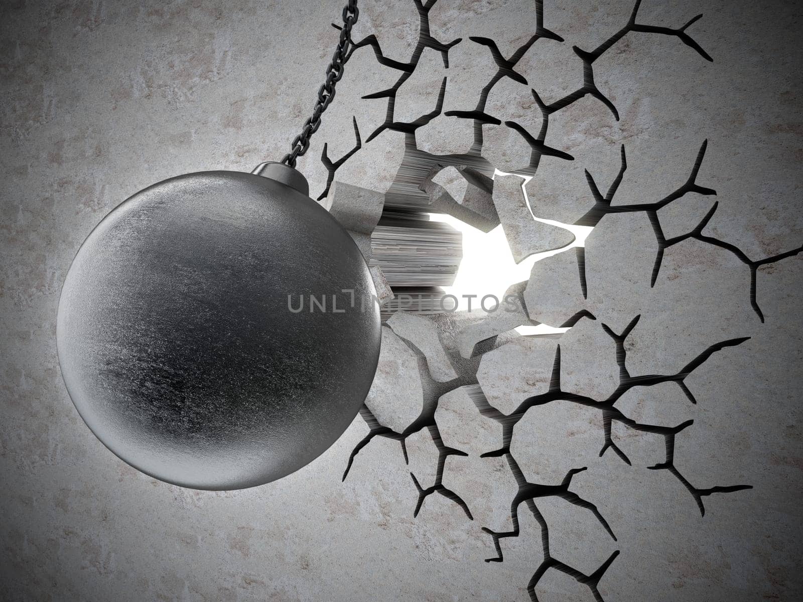 Wrecking ball demolishes old wall. 3D illustration.