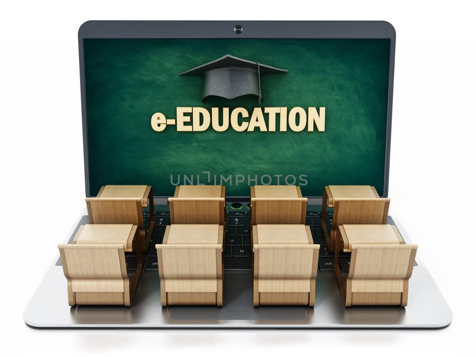 Student desks on laptop computer keyboard. 3D illustration.