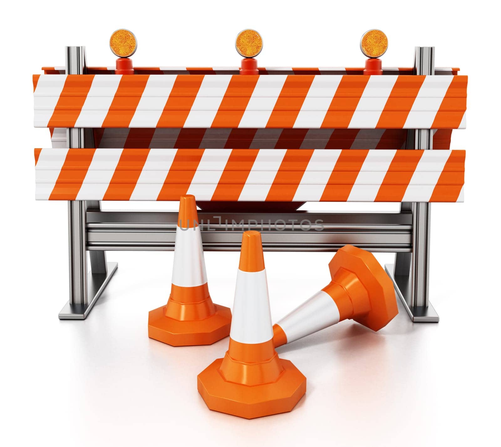 Road block with orange traffic cones isolated on white background. 3D illustration.