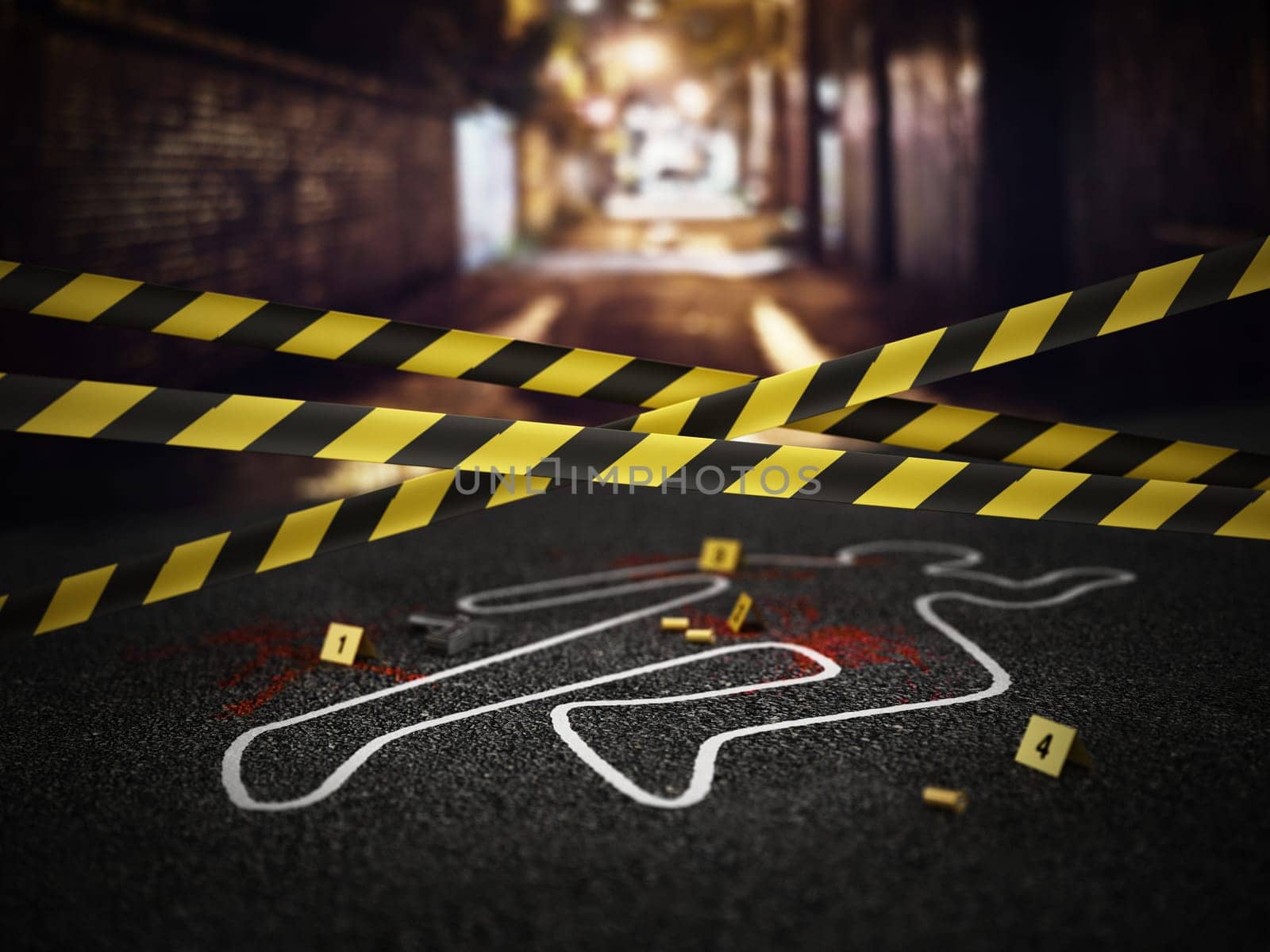Crime scene of a murder case. 3D illustration.