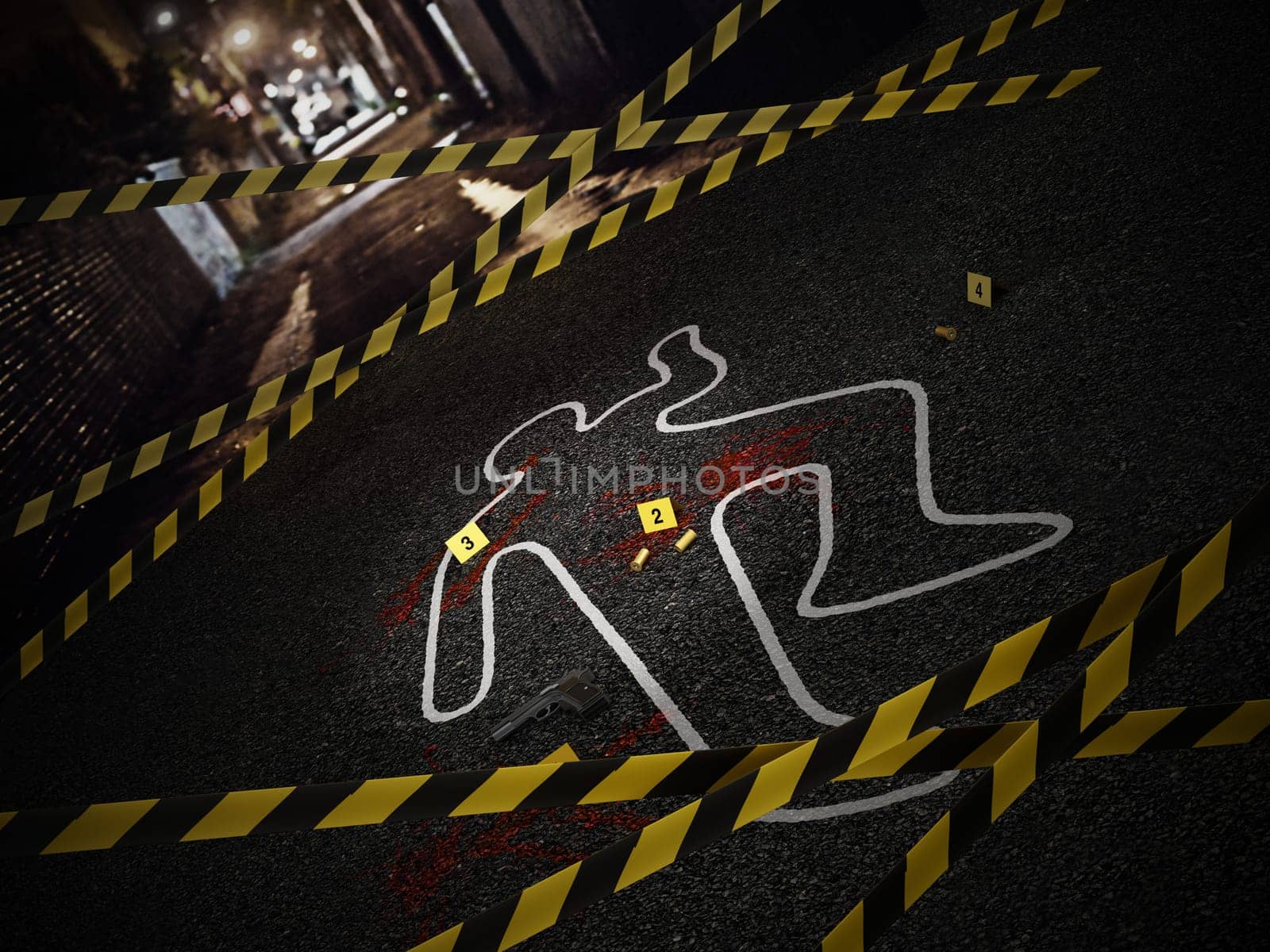Crime scene of a murder case. 3D illustration.