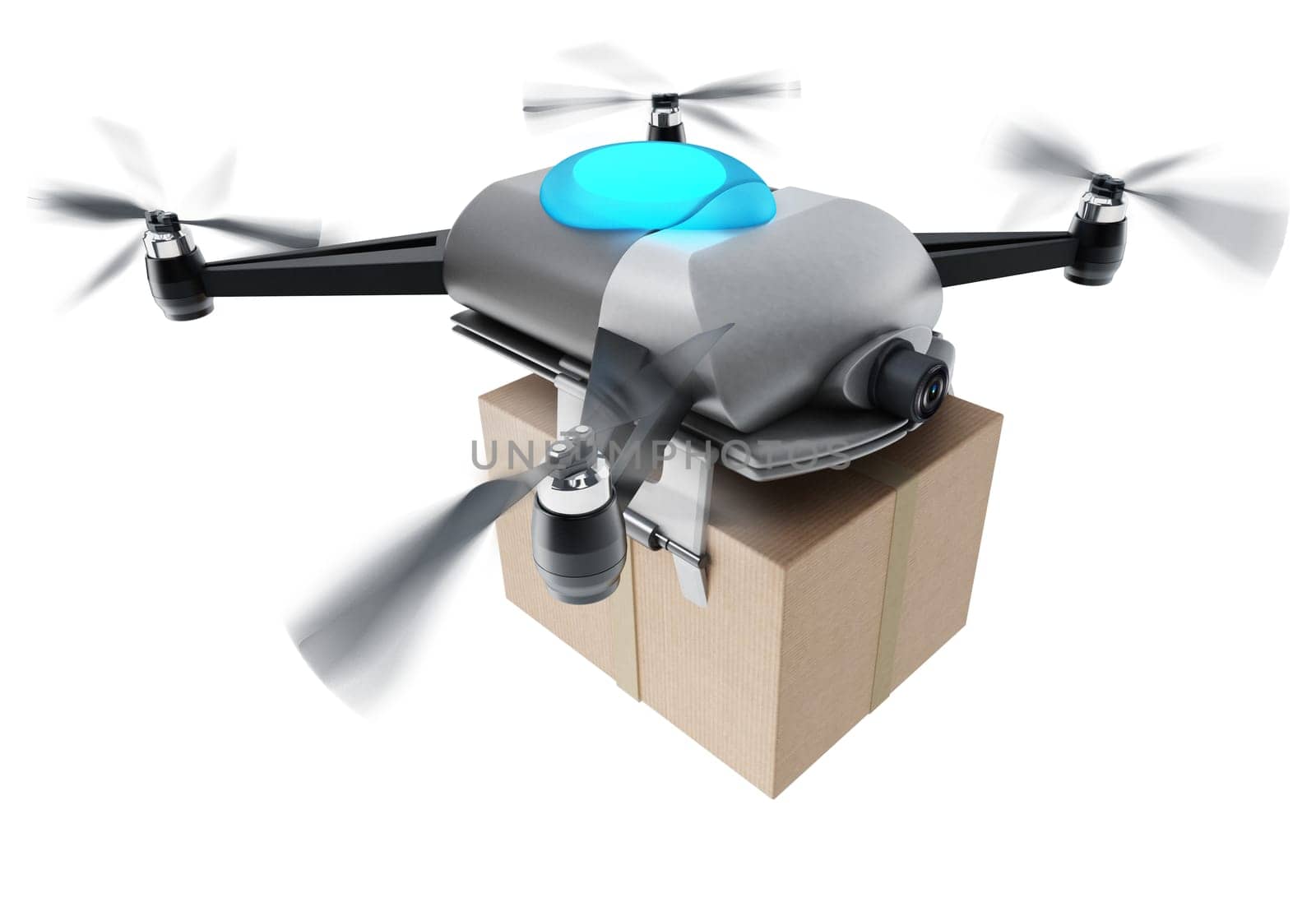 Unmanned drone carrying cargo box. 3D illustration.