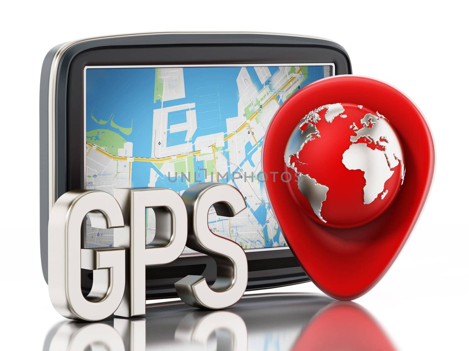 GPS Global Positioning System and globe isolated on white background. 3D illustration.
