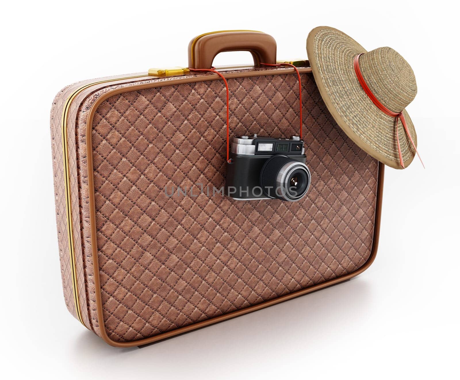 Vintage camera and women's hat hanging on suitcase. 3D illustration.