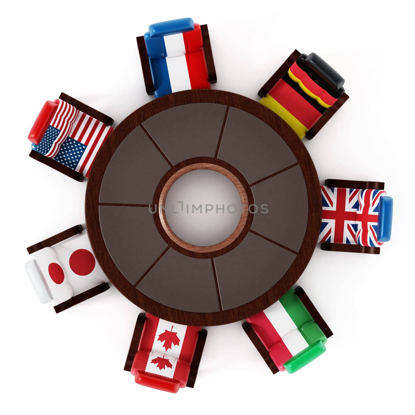 G7 flags standing around round table. 3D illustration.