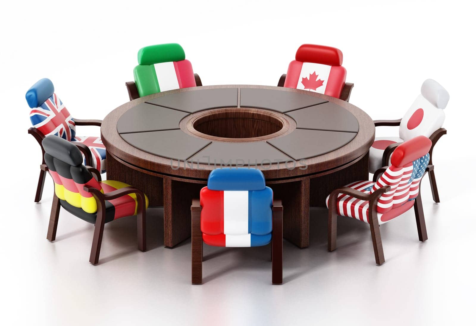 G7 flags standing around round table. 3D illustration.
