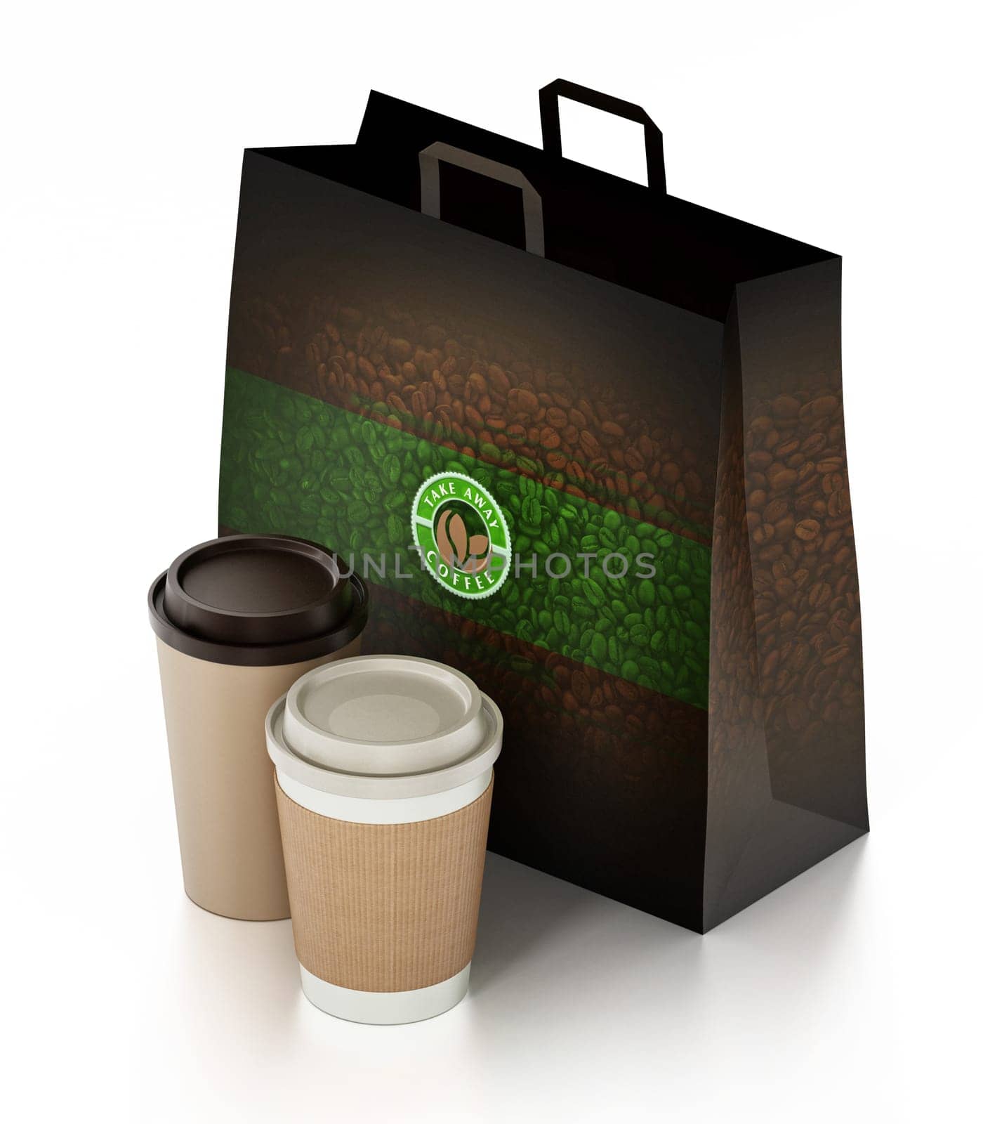 Take away coffee cup and paper bag isolated on white. 3D illustration.