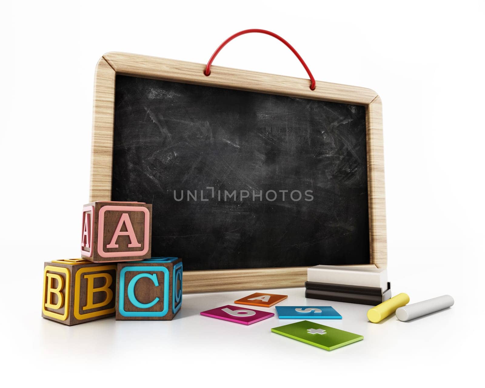 Toy blackboard, education cubes, two chalks and eraser isolated on white background. 3D illustration.