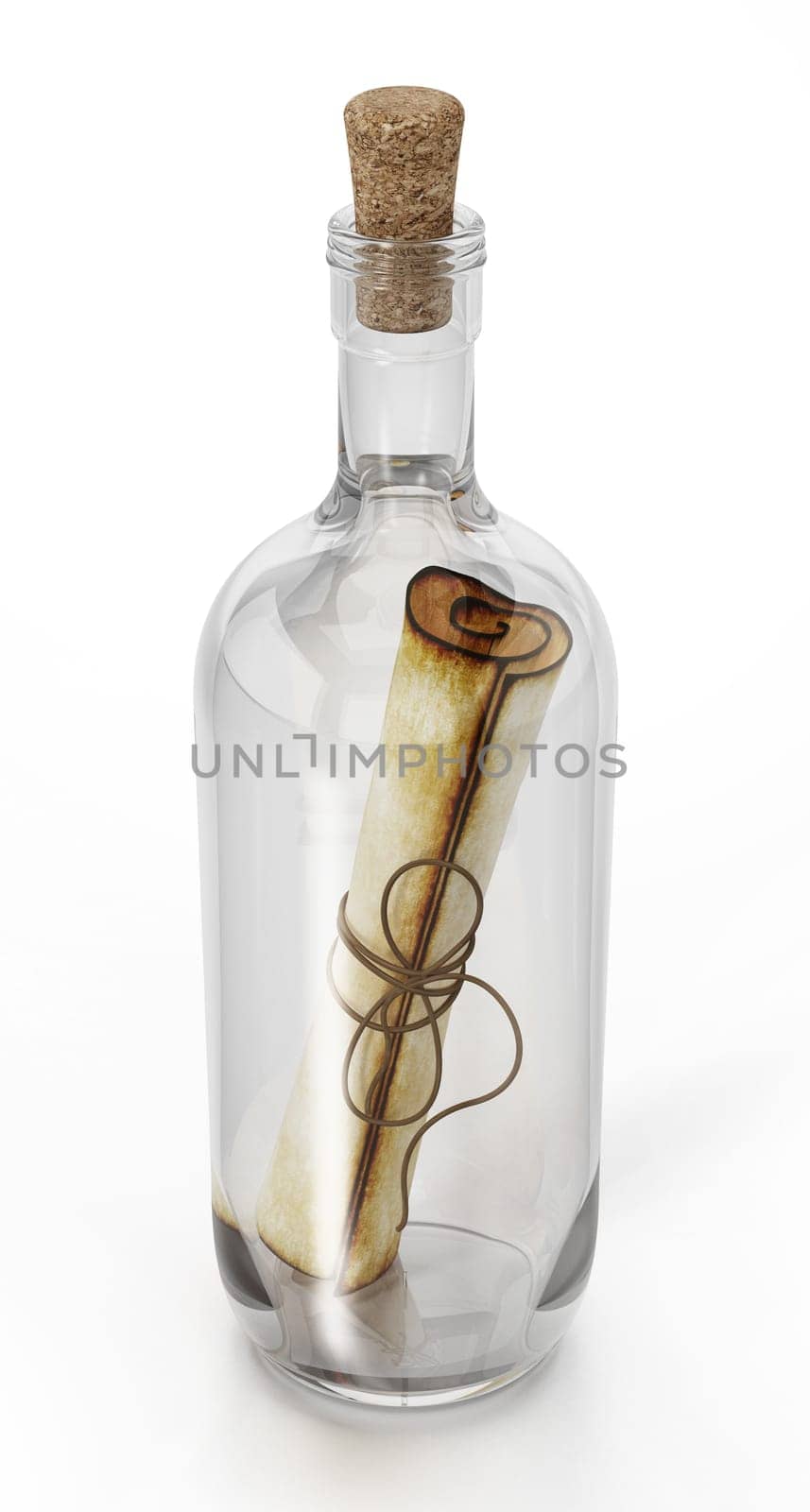 Message in a bottle isolated on white background. 3D illustration.