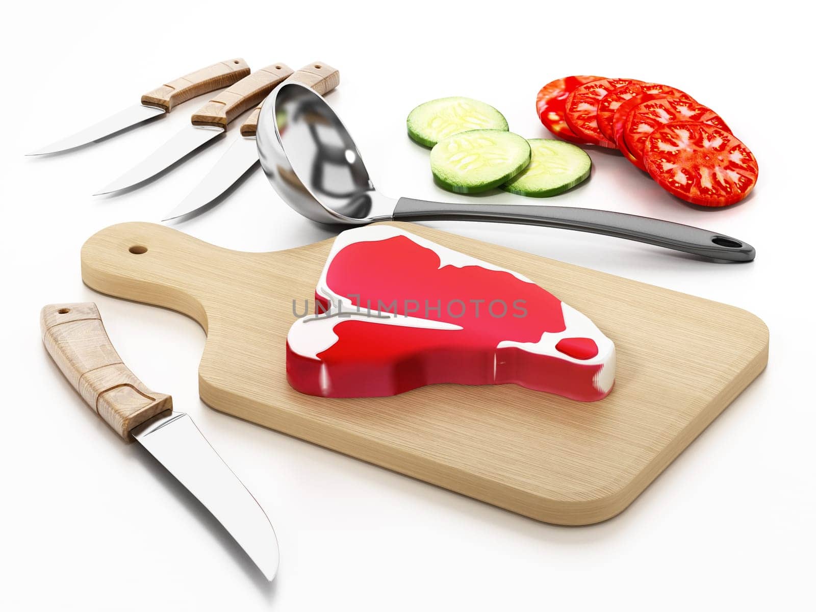Meat cutting board, knives and vegetable slices. 3D illustration.